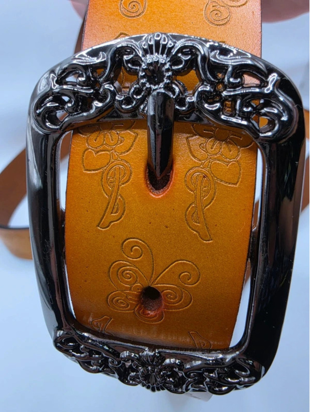 Vintage Western Tooled Leather Belt Tan Gold Boho Filigree Silver Buckle Sz46 48